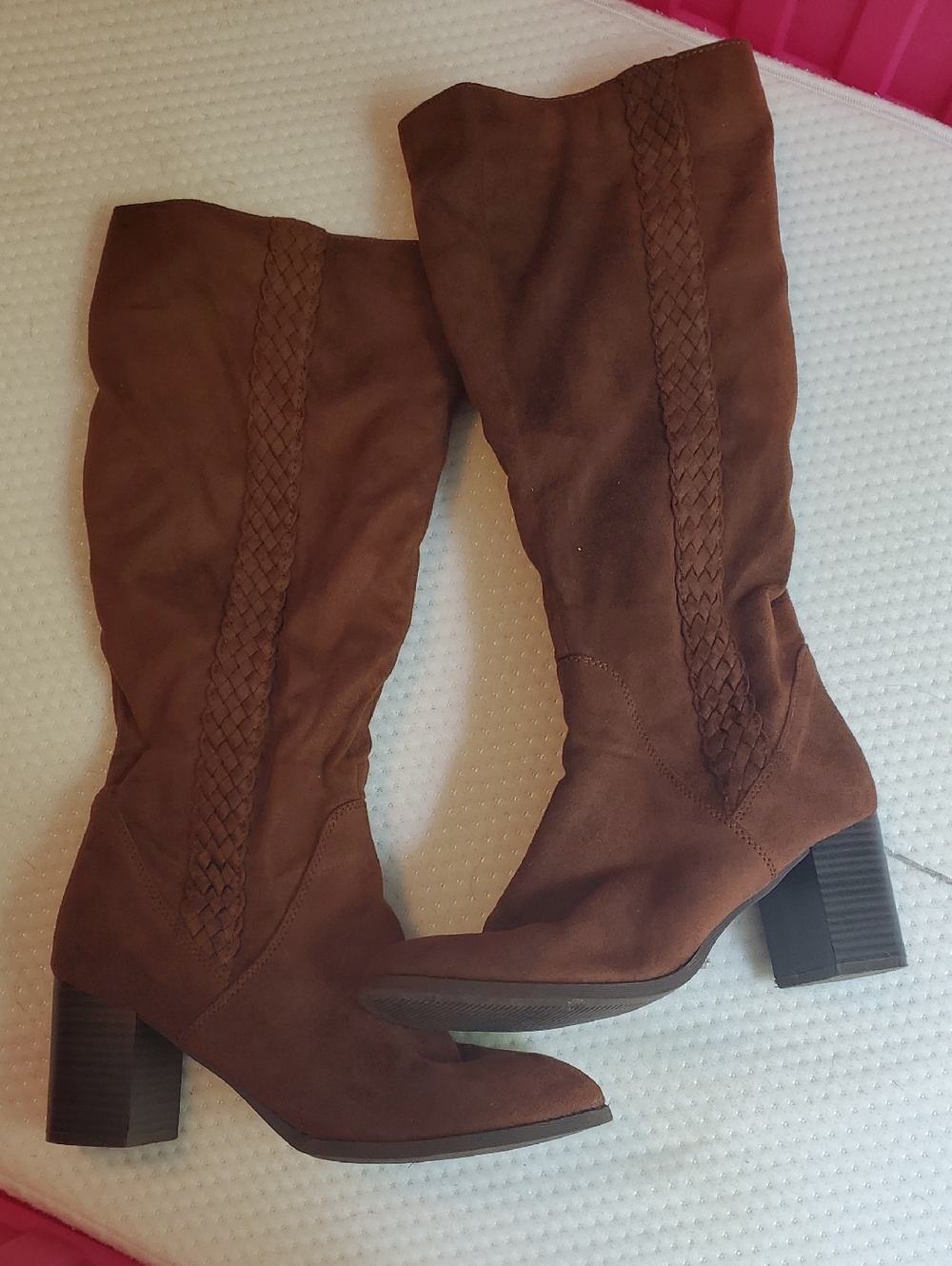 Brown Suede Braided Knee-High Heeled Boots